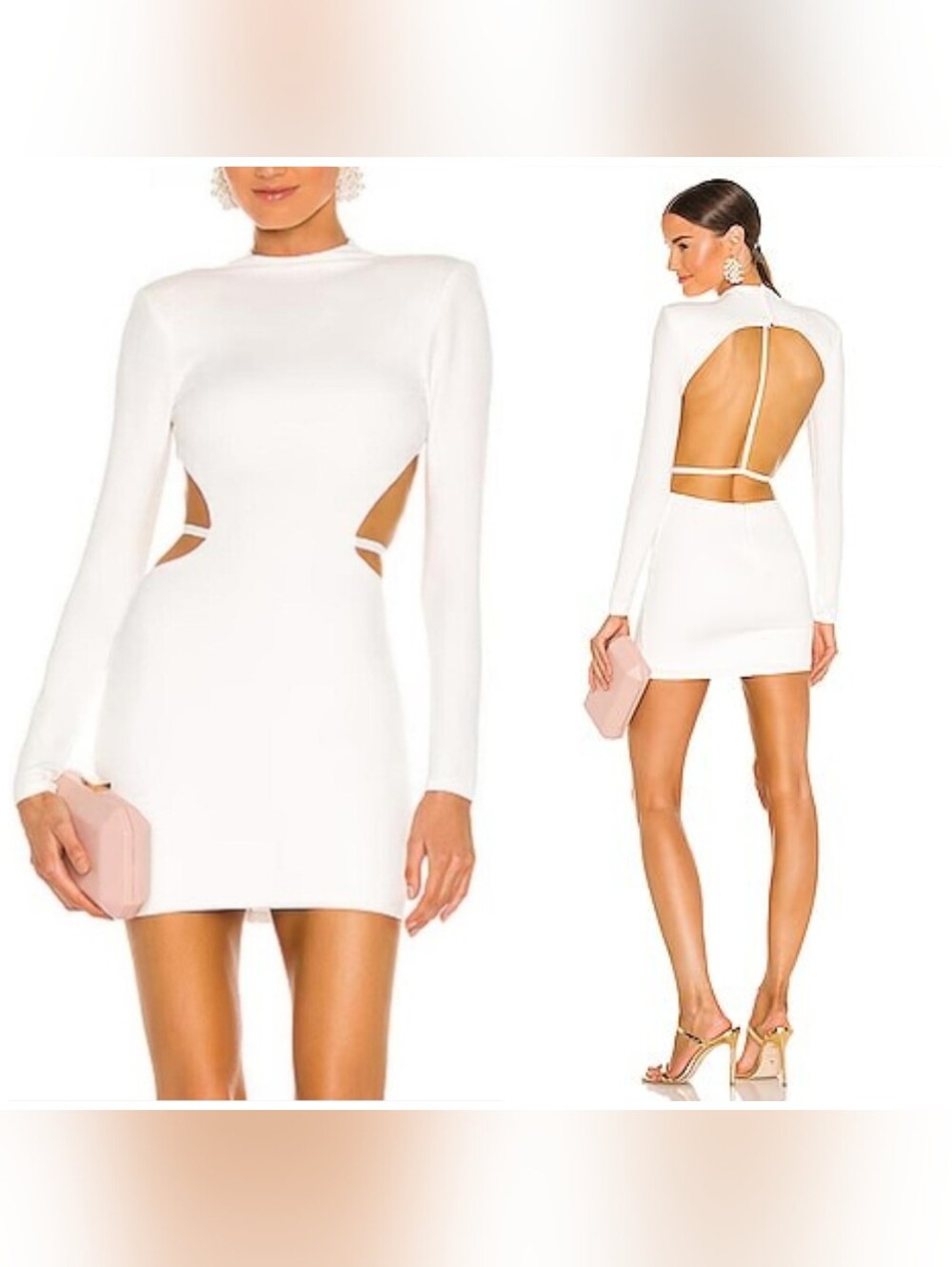 Revolve Michael Costello Zola Mini Dresz, Open Back, Long Sleeve, High Neck, L